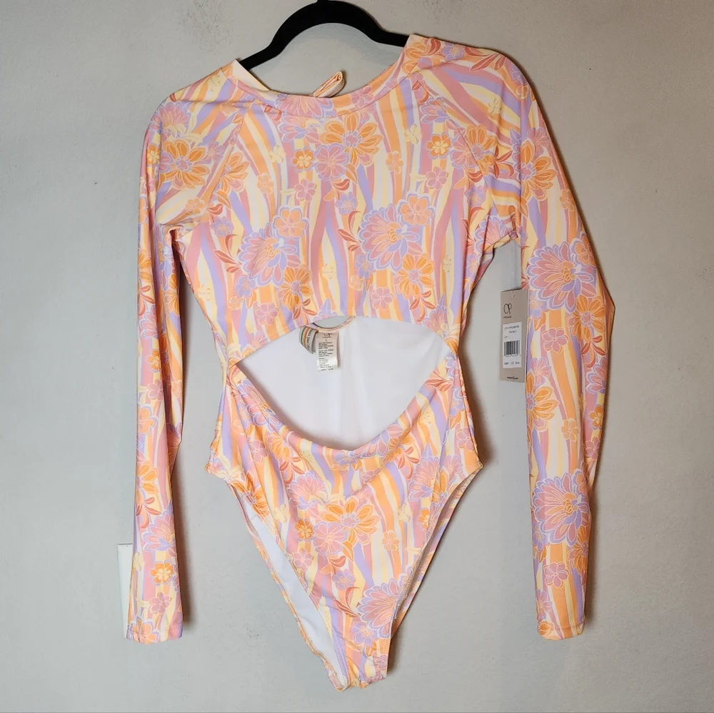 NWT OP Long Sleeve‎ One Piece Cutout Swimsuit Pink Orange Purple Floral Large